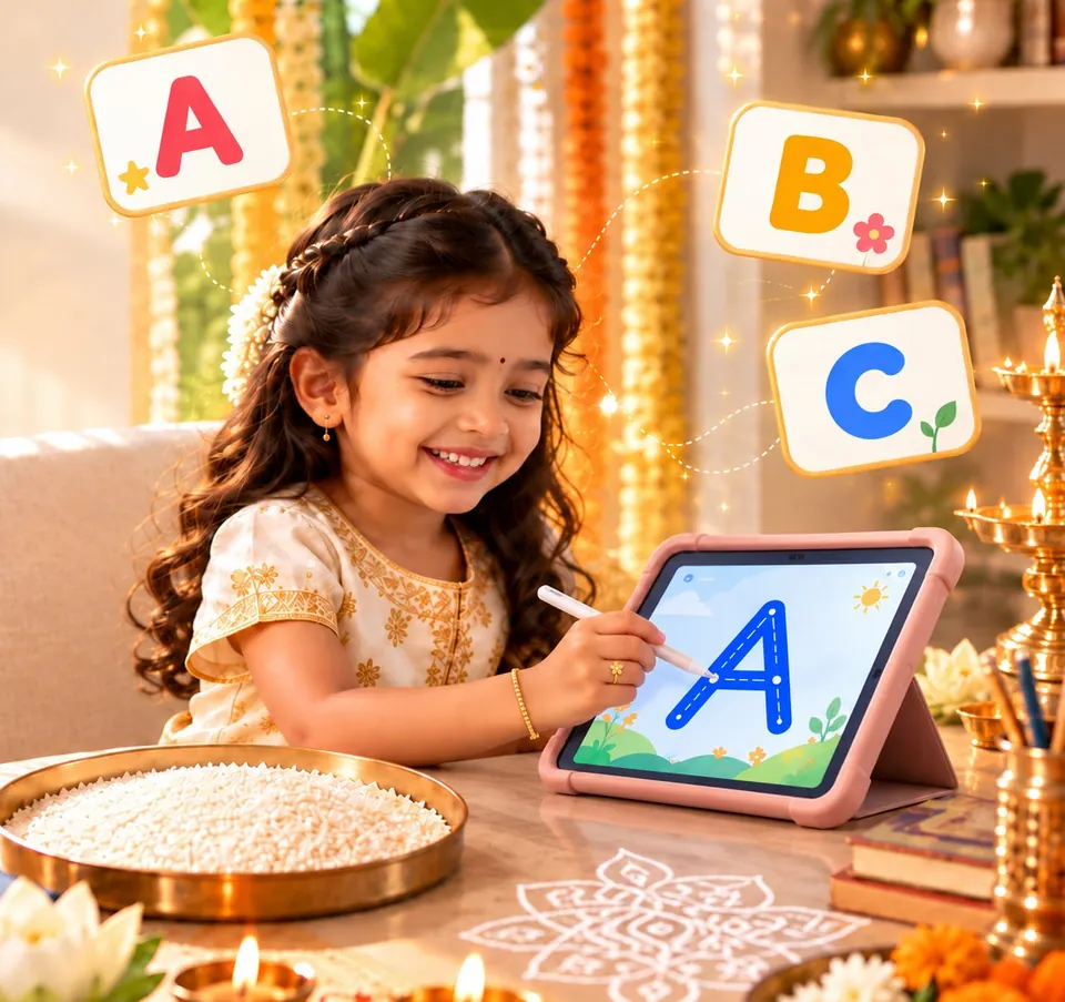 A smiling girl in festive clothes traces the letter A on a tablet, beside a brass plate of rice, a rangoli and lit lamps